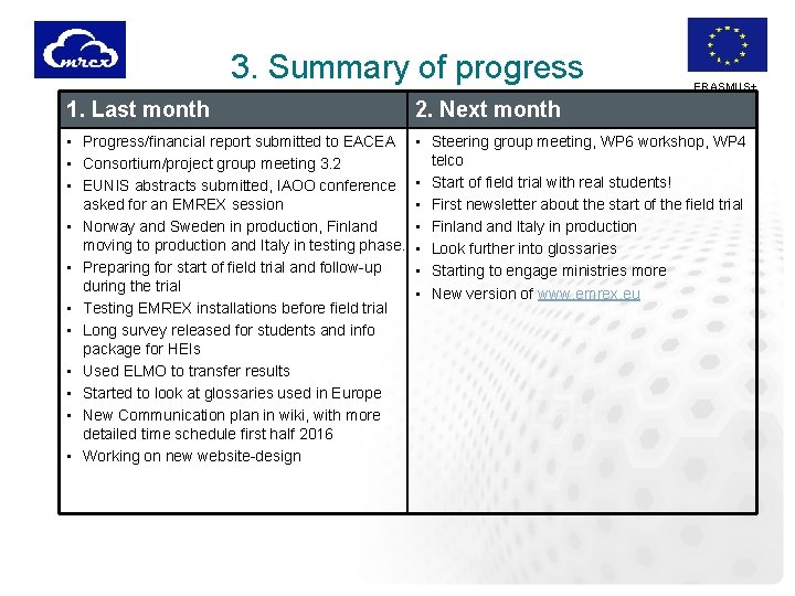 3. Summary of progress ERASMUS+ 1. Last month 2. Next month • Progress/financial report