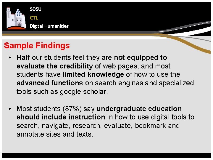 SDSU CTL Digital Humanities Sample Findings • Half our students feel they are not