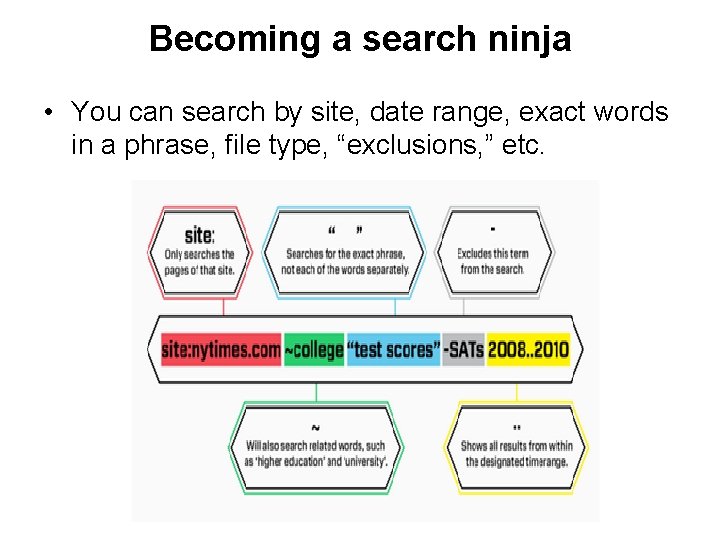 Becoming a search ninja • You can search by site, date range, exact words