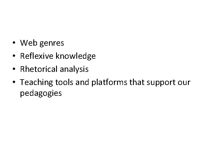  • • Web genres Reflexive knowledge Rhetorical analysis Teaching tools and platforms that