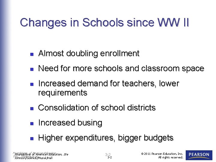 Changes in Schools since WW II n Almost doubling enrollment n Need for more