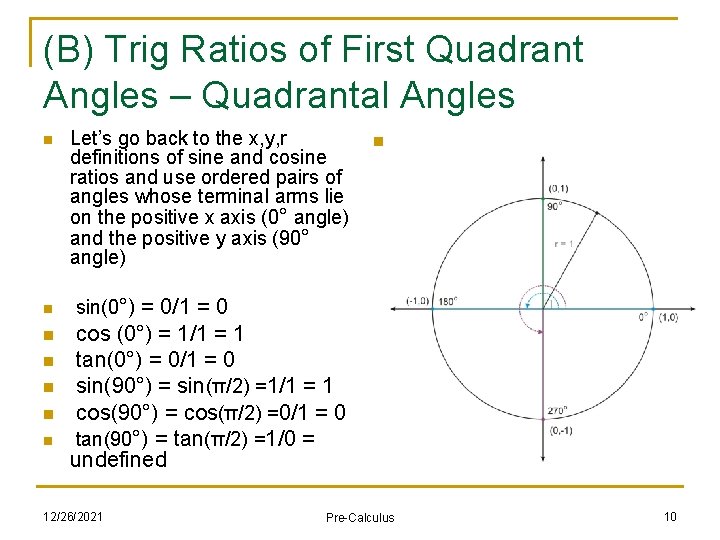 (B) Trig Ratios of First Quadrant Angles – Quadrantal Angles n n n n