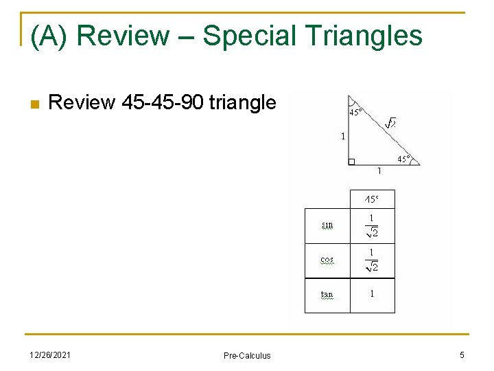 (A) Review – Special Triangles n Review 45 -45 -90 triangle 12/26/2021 Pre-Calculus 5