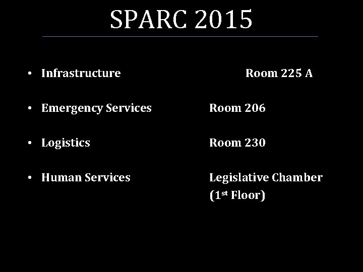 SPARC 2015 • Infrastructure Room 225 A • Emergency Services Room 206 • Logistics