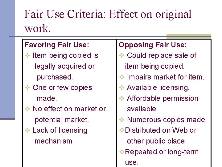 Fair Use Criteria: Effect on original work. Favoring Fair Use: v Item being copied