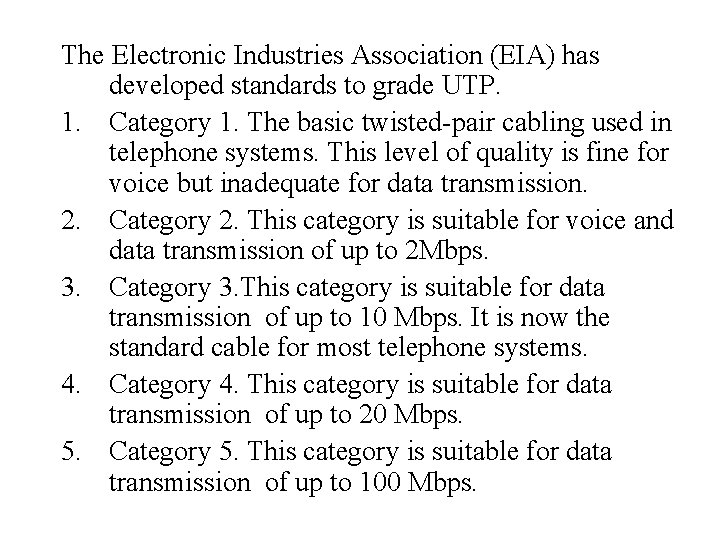 The Electronic Industries Association (EIA) has developed standards to grade UTP. 1. Category 1.