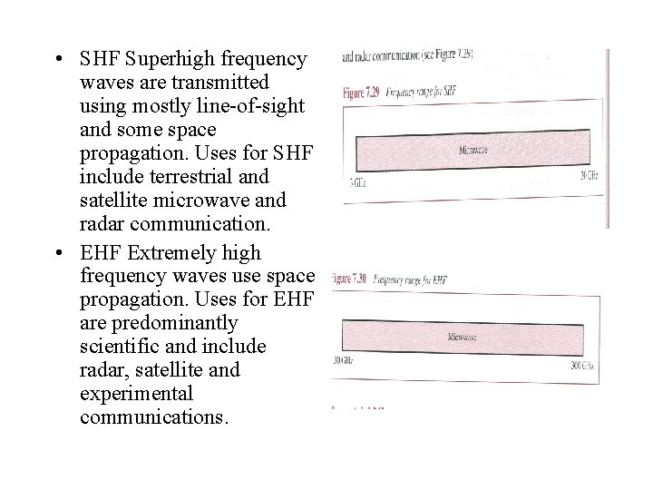  • SHF Superhigh frequency waves are transmitted using mostly line-of-sight and some space