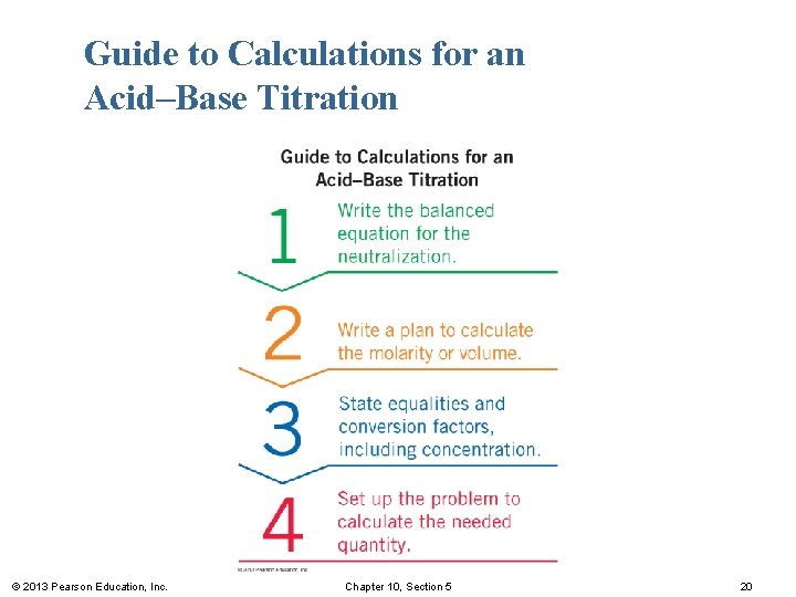 Guide to Calculations for an Acid–Base Titration © 2013 Pearson Education, Inc. Chapter 10,