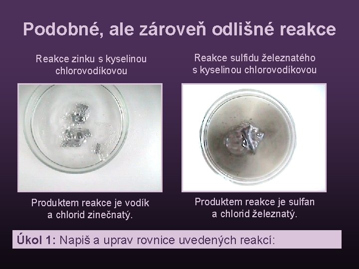 Podobné, ale zároveň odlišné reakce Reakce zinku s kyselinou chlorovodíkovou Reakce sulfidu železnatého s