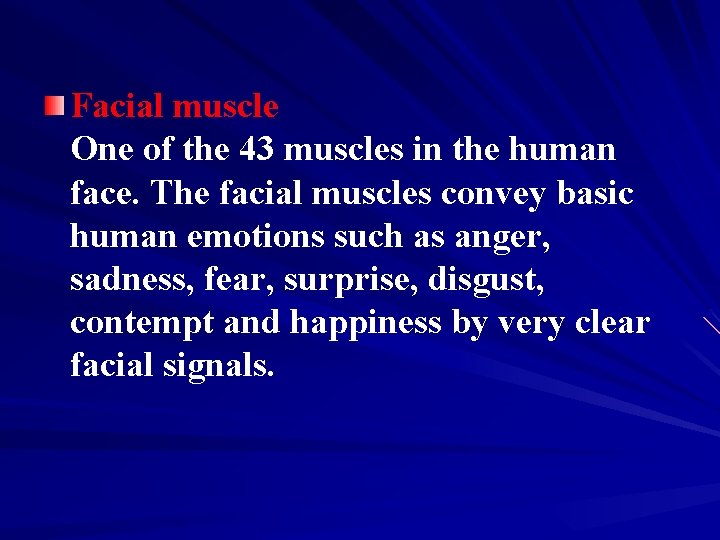 Facial muscle One of the 43 muscles in the human face. The facial muscles