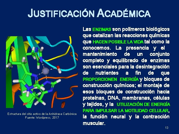 JUSTIFICACIÓN ACADÉMICA Estructura del sitio activo de la Anhidrasa Carbónica Fuente: Wordpress, 2017 Las