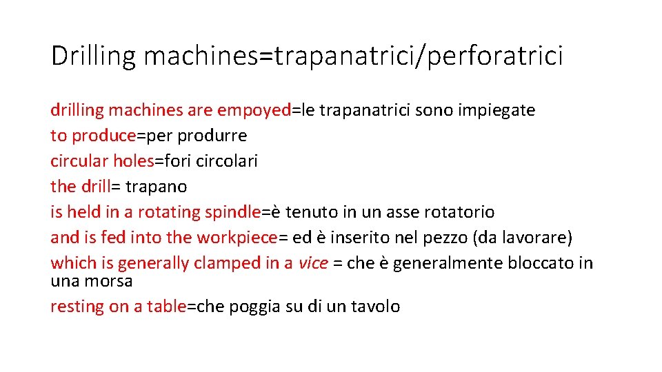 Drilling machines=trapanatrici/perforatrici drilling machines are empoyed=le trapanatrici sono impiegate to produce=per produrre circular holes=fori