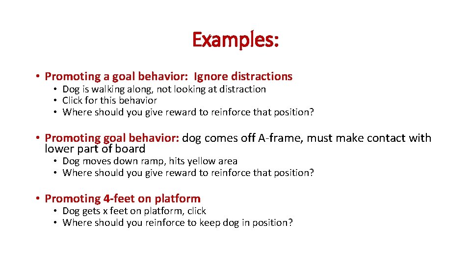 Examples: • Promoting a goal behavior: Ignore distractions • Dog is walking along, not Examples: • Promoting a goal behavior: Ignore distractions • Dog is walking along, not