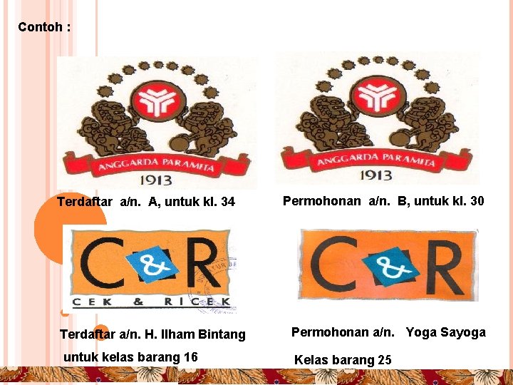 Contoh : Terdaftar a/n. A, untuk kl. 34 Permohonan a/n. B, untuk kl. 30