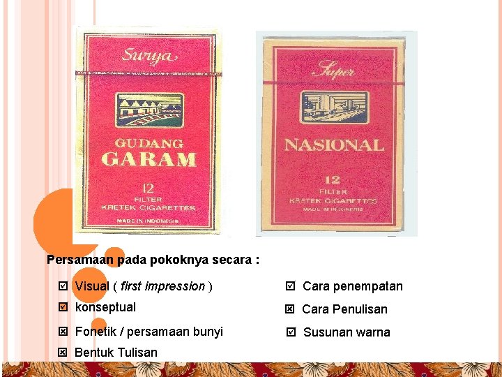 Persamaan pada pokoknya secara : Visual ( first impression ) Cara penempatan konseptual Cara