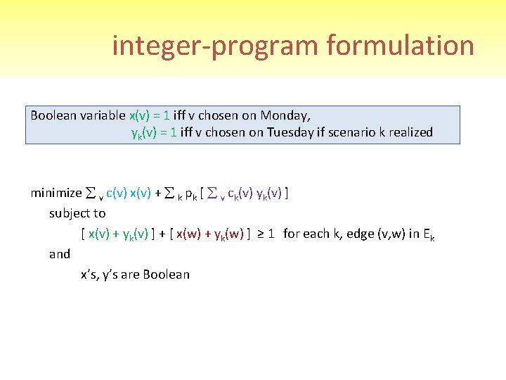 integer-program formulation Boolean variable x(v) = 1 iff v chosen on Monday, yk(v) =