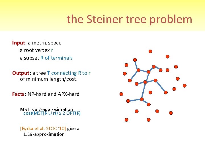 the Steiner tree problem Input: a metric space a root vertex r a subset