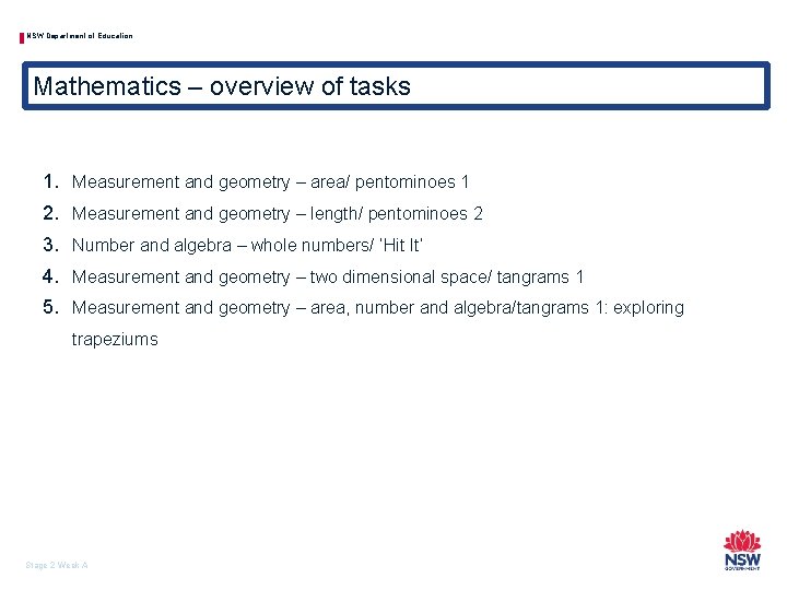 NSW Department of Education Mathematics – overview of tasks 1. Measurement and geometry –
