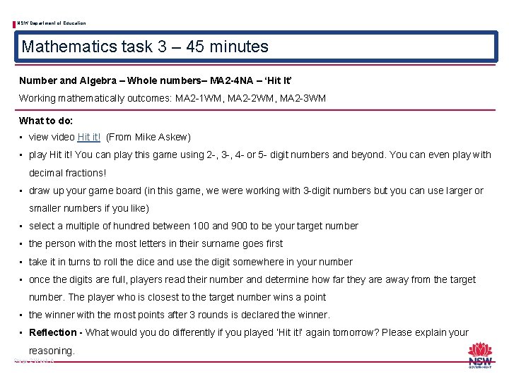 NSW Department of Education Mathematics task 3 – 45 minutes Number and Algebra –