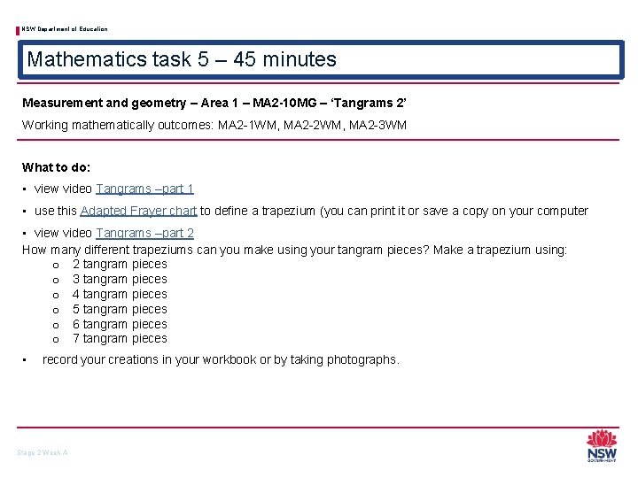 NSW Department of Education Mathematics task 5 – 45 minutes Measurement and geometry –
