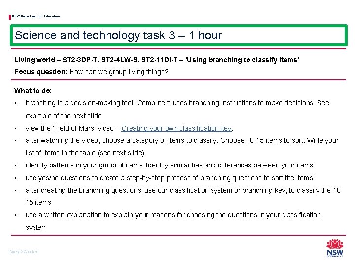 NSW Department of Education Science and technology task 3 – 1 hour Living world