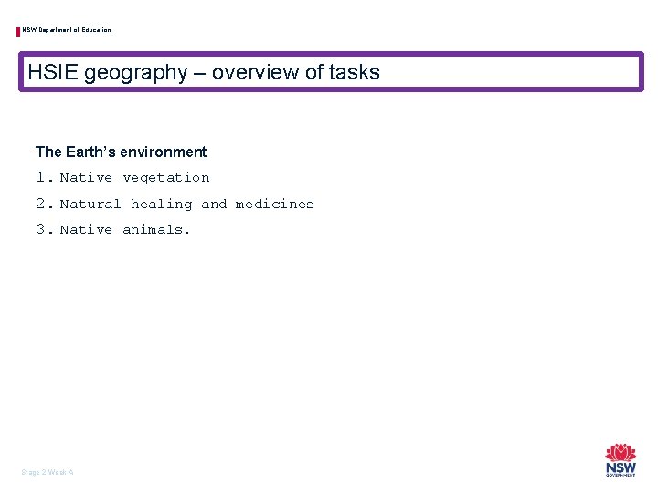 NSW Department of Education HSIE geography – overview of tasks The Earth’s environment 1.