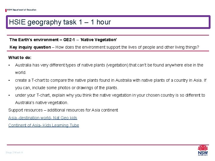 NSW Department of Education HSIE geography task 1 – 1 hour The Earth’s environment