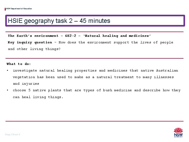 NSW Department of Education HSIE geography task 2 – 45 minutes The Earth’s environment