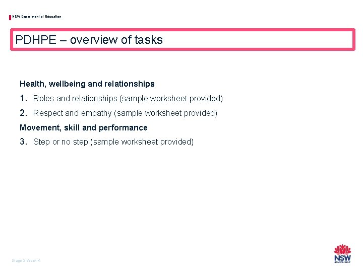NSW Department of Education PDHPE – overview of tasks Health, wellbeing and relationships 1.
