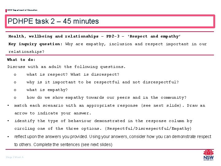 NSW Department of Education PDHPE task 2 – 45 minutes Health, wellbeing and relationships