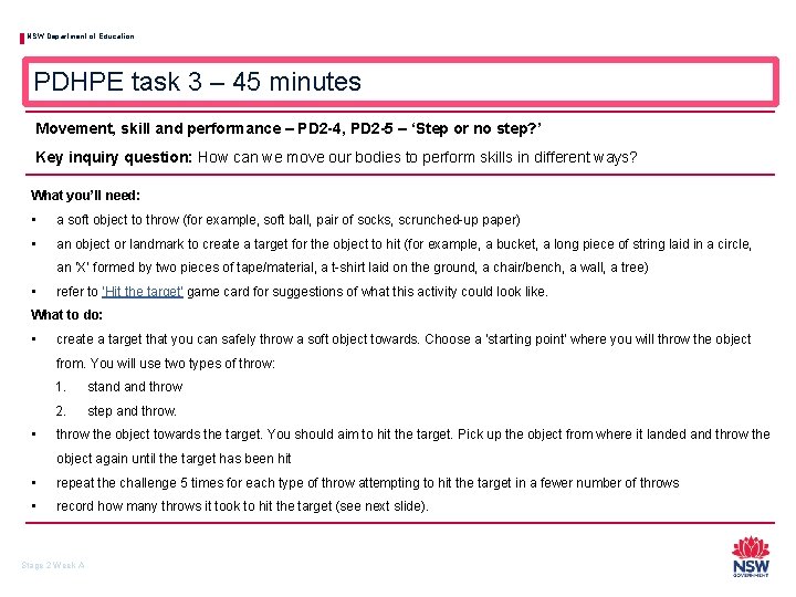 NSW Department of Education PDHPE task 3 – 45 minutes Movement, skill and performance