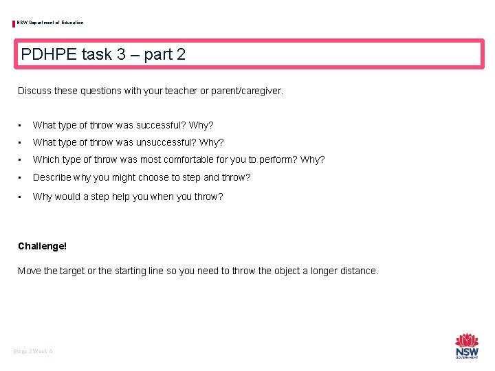 NSW Department of Education PDHPE task 3 – part 2 Discuss these questions with