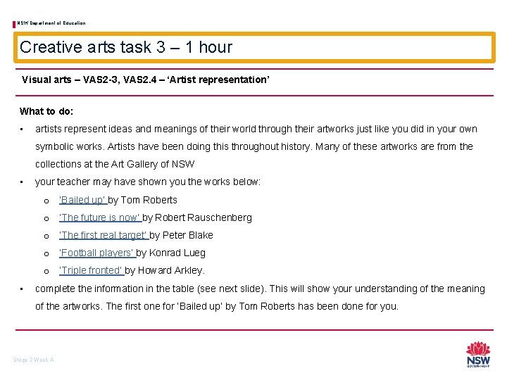 NSW Department of Education Creative arts task 3 – 1 hour Visual arts –
