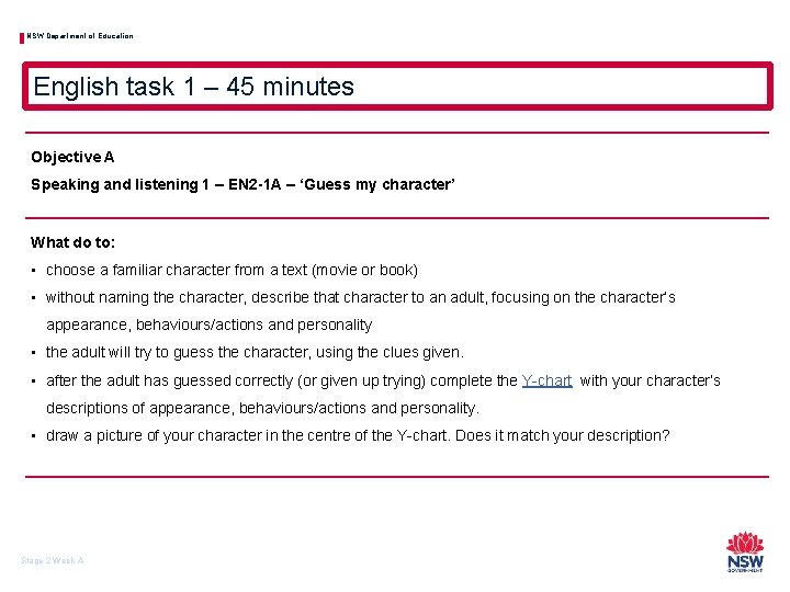 NSW Department of Education English task 1 – 45 minutes Objective A Speaking and