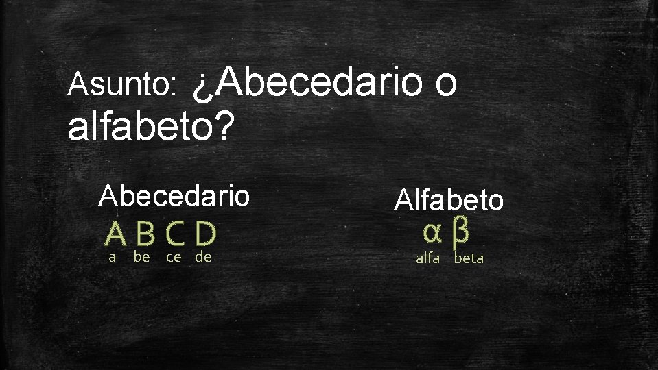 ¿Abecedario o alfabeto? Asunto: Abecedario A B C D a be ce de Alfabeto