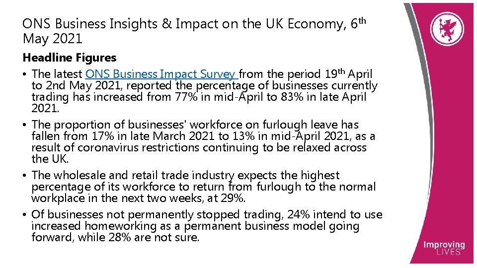 ONS Business Insights & Impact on the UK Economy, 6 th May 2021 Headline