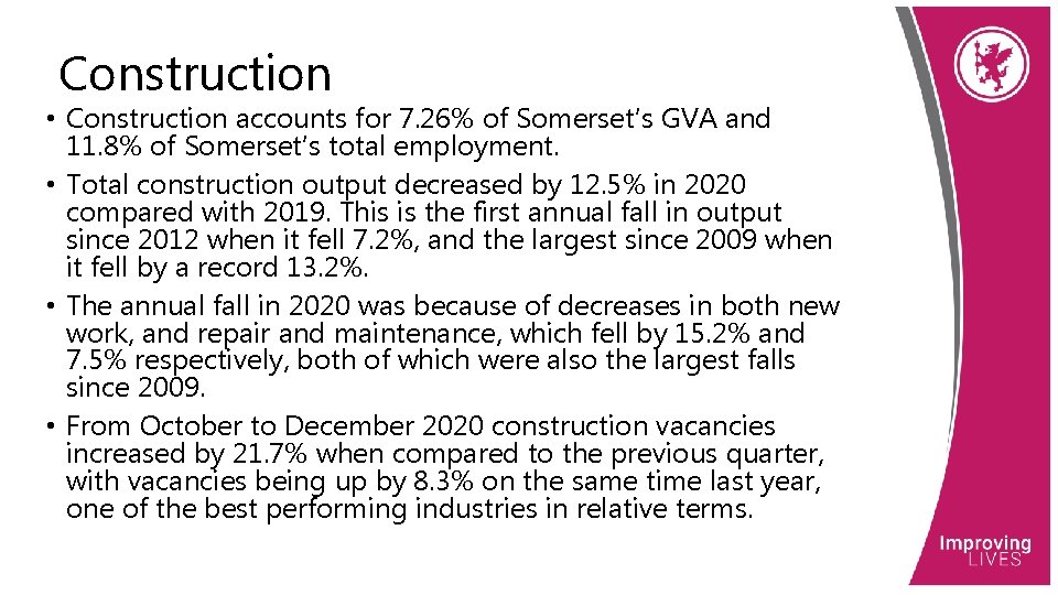 Construction • Construction accounts for 7. 26% of Somerset’s GVA and 11. 8% of