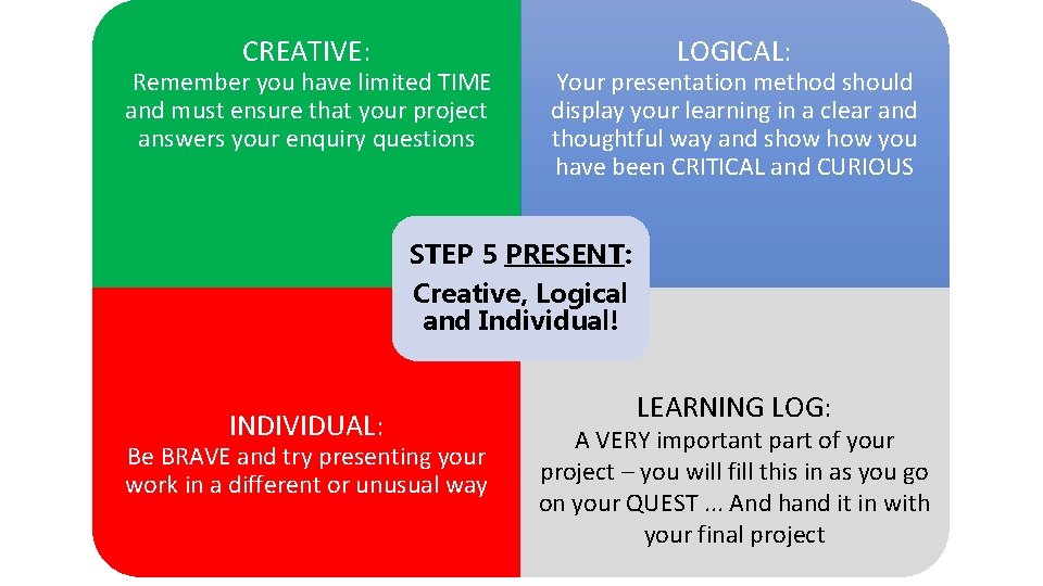 CREATIVE: Remember you have limited TIME and must ensure that your project answers your