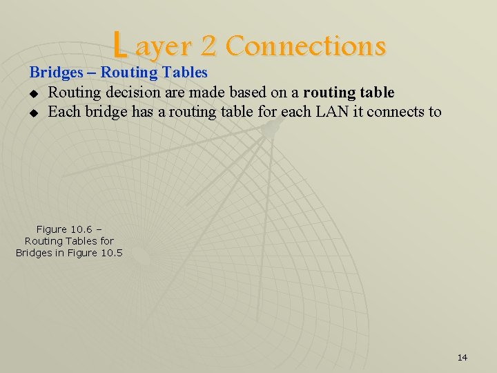 L ayer 2 Connections Bridges – Routing Tables u Routing decision are made based