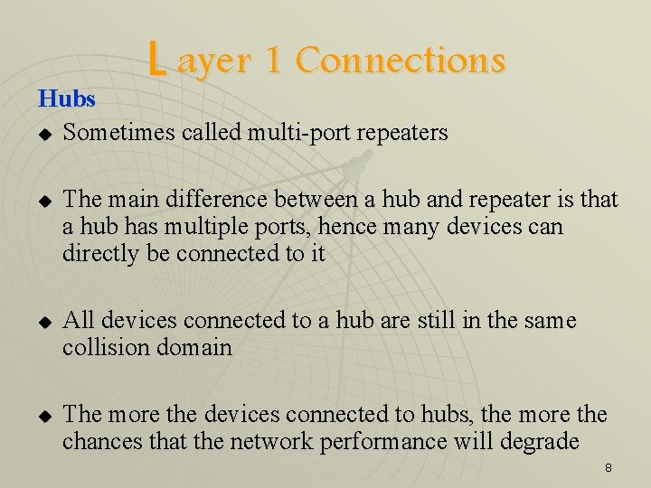 L ayer 1 Connections Hubs u Sometimes called multi-port repeaters u u u The