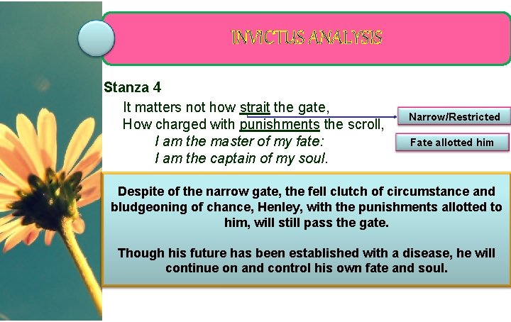 INVICTUS ANALYSIS Stanza 4 It matters not how strait the gate, How charged with