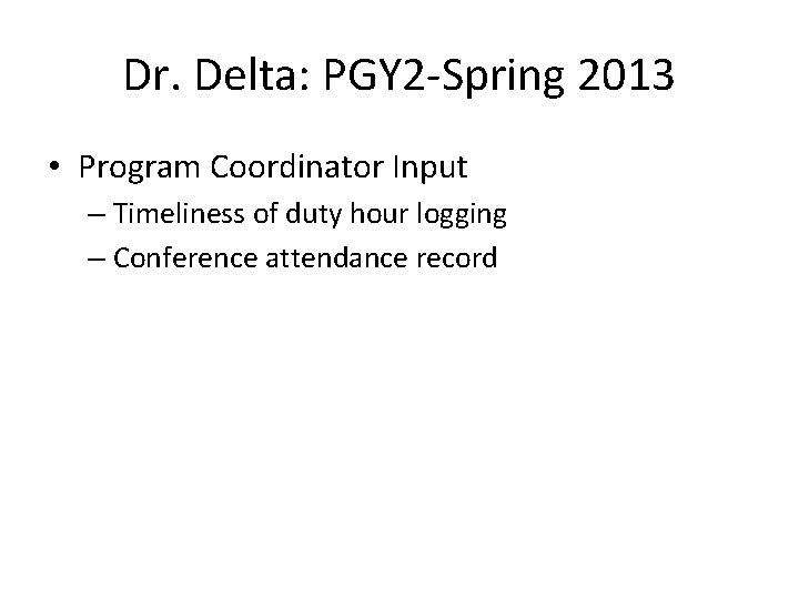 Dr. Delta: PGY 2 -Spring 2013 • Program Coordinator Input – Timeliness of duty