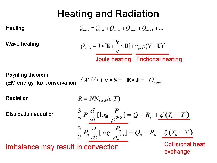 Heating and Radiation Heating Wave heating Joule heating Frictional heating Poynting theorem (EM energy