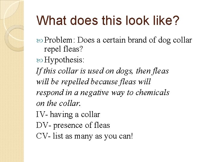 What does this look like? Problem: Does a certain brand of dog collar repel