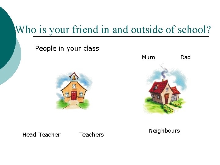 Who is your friend in and outside of school? People in your class Mum