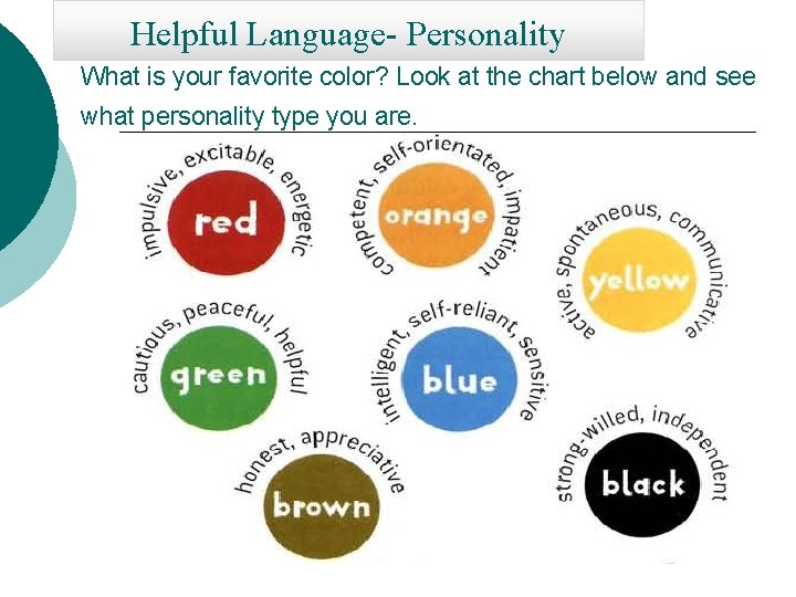 Helpful Language- Personality What is your favorite color? Look at the chart below and