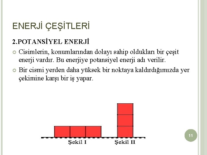 ENERJİ ÇEŞİTLERİ 2. POTANSİYEL ENERJİ Cisimlerin, konumlarından dolayı sahip oldukları bir çeşit enerji vardır.