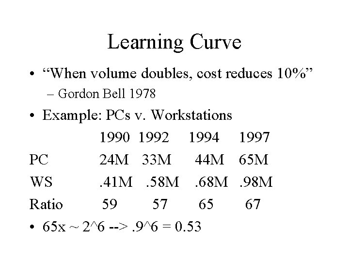 Learning Curve • “When volume doubles, cost reduces 10%” – Gordon Bell 1978 •