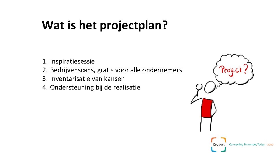 Wat is het projectplan? 1. 2. 3. 4. Inspiratiesessie Bedrijvenscans, gratis voor alle ondernemers Wat is het projectplan? 1. 2. 3. 4. Inspiratiesessie Bedrijvenscans, gratis voor alle ondernemers
