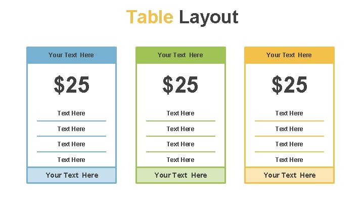 Table Layout Your Text Here $25 $25 Text Here Text Here Text Here Your